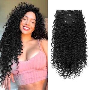 FLUFYMOOZ Clip in Hair Extensions 20in Long Curly Synthetic Black 4PC Hairpiece